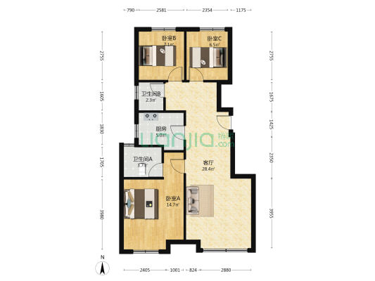 樾府国际 经典三室双卫 一梯两户 小高层-户型图