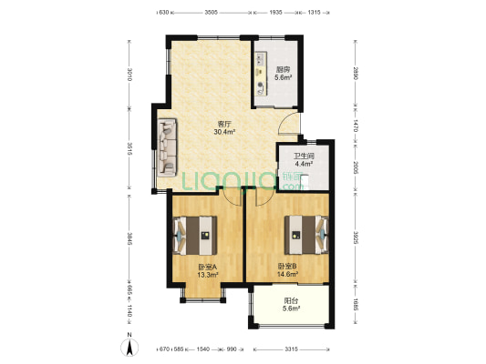 鼓楼广场 2室1厅1卫 86平方