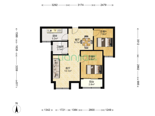 石灰官庄社区 2室2厅1卫 60平方
