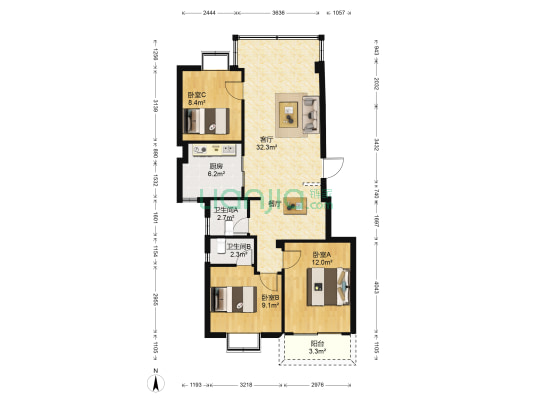 建平花园 3室1厅2卫 94平方