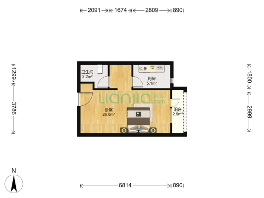 东方圣克拉公寓 1室0厅1卫 55平方