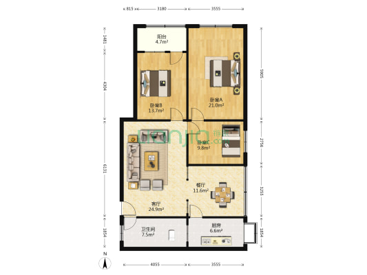 临汉公寓 3室2厅1卫 125平方