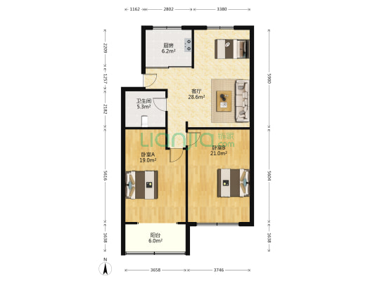 恒大国际装饰广场 2室1厅1卫 105平方