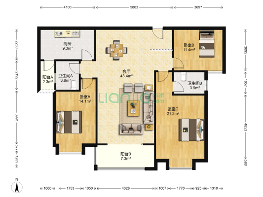 保利花园东苑 3室1厅2卫 136平方