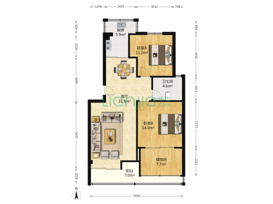 魏玛花园 2室1厅1卫 89平方