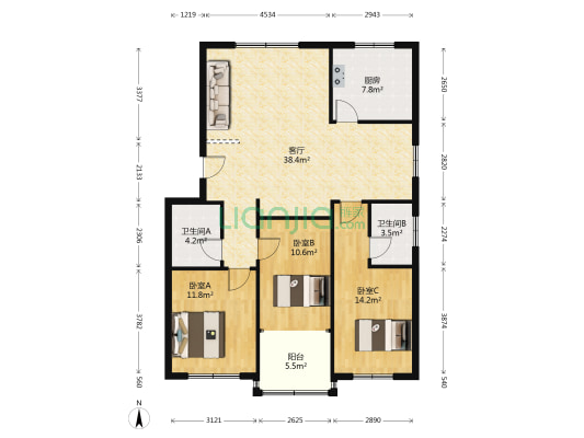 绿洲小区 3室1厅2卫 115平方