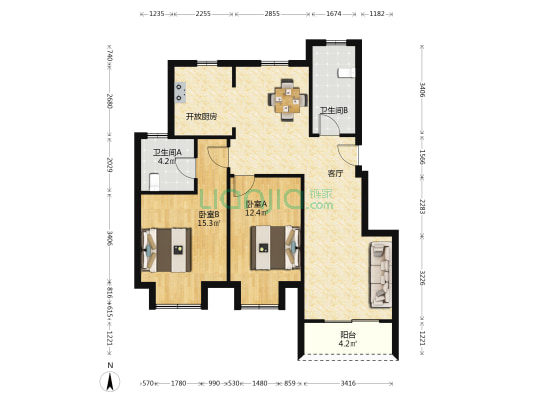 金玉名都花园 2室1厅2卫 128平方