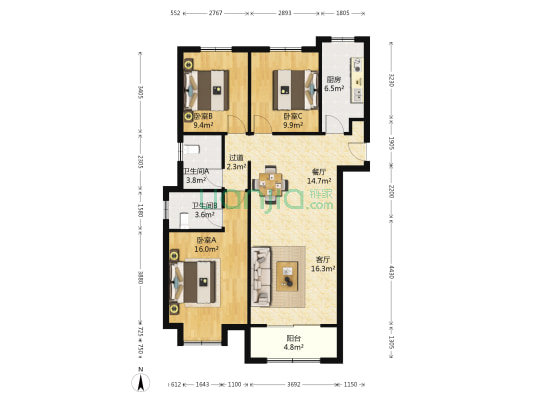 金域华府 3室2厅2卫 124平方