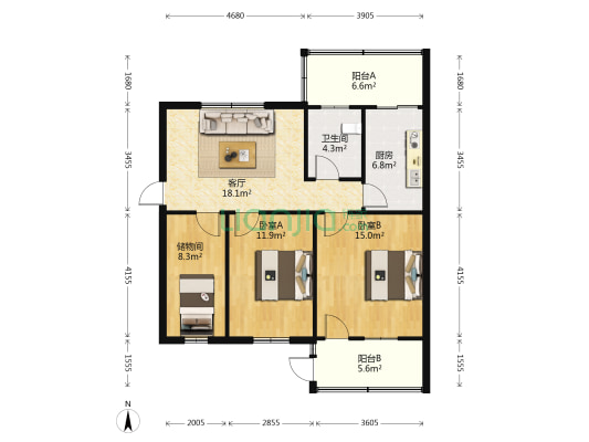 房管局住宅楼 2室1厅1卫 91平方