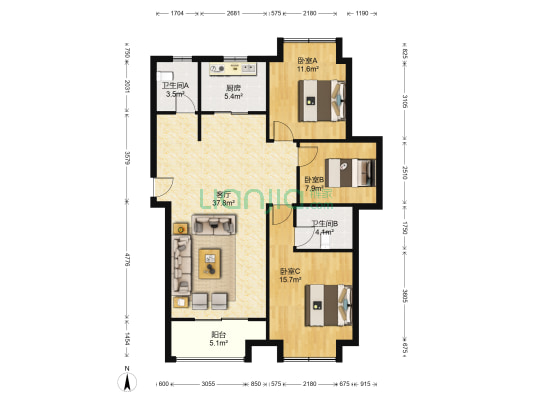 东渡悦来城 3室1厅2卫 119平方