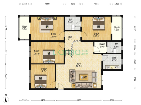 泰和巷76号 4室1厅2卫 148平方