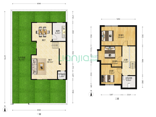 东方花园 3室1厅2卫 110平方