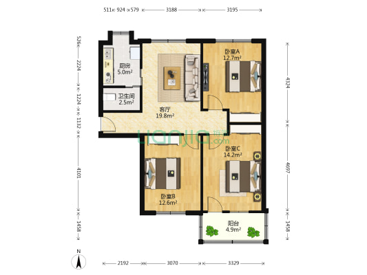 贤士三路 3室1厅1卫 85平方