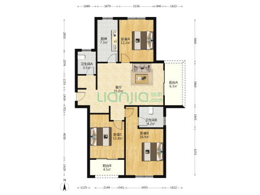 中宏万家广场 3室1厅2卫 125平方