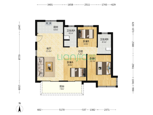 学知苑 3室1厅2卫 106平方