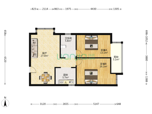 兴竹家园 2室1厅1卫 92平方