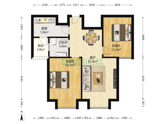 雍河院 2室1厅1卫 81平方