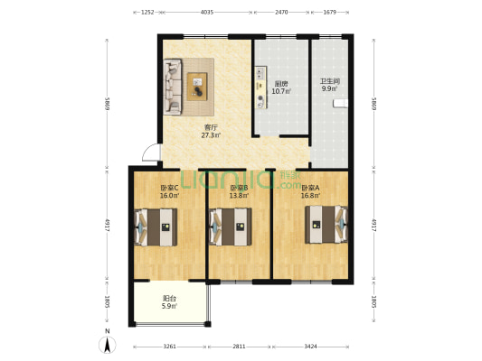 荣盛社区 3室1厅1卫 120平方