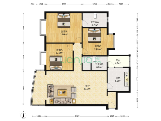 瑞吉花园 3室1厅2卫 142平方