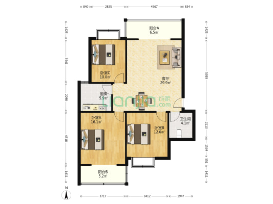 紫荆假日 3室1厅1卫 127平方