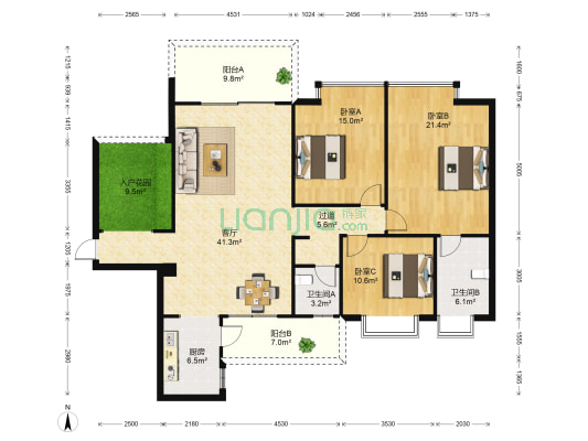 明珠园 3室1厅2卫 143平方