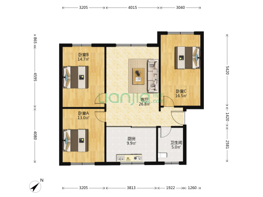 松涛路1号 3室1厅1卫 105平方