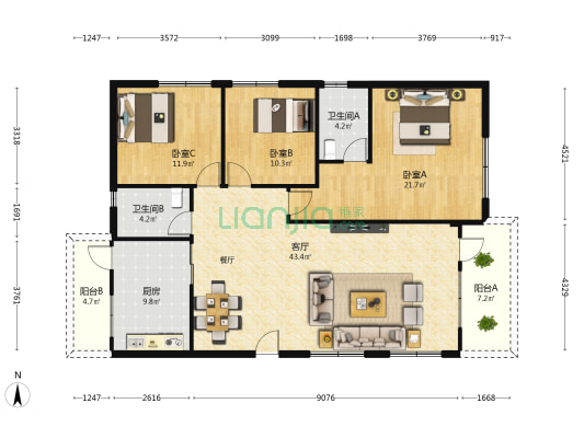 莲花中路 3室1厅2卫 129平方