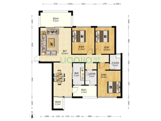 海悦华府 3室1厅2卫 90平方