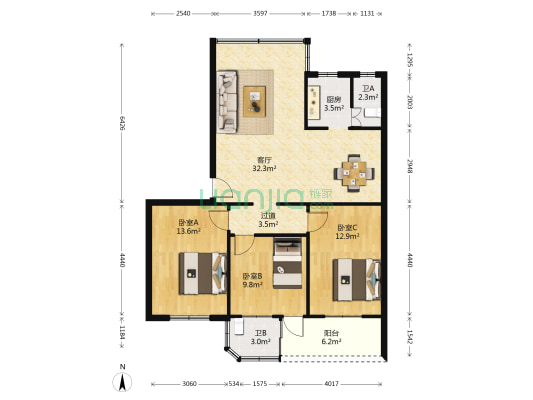 东升小区 3室1厅2卫 101平方