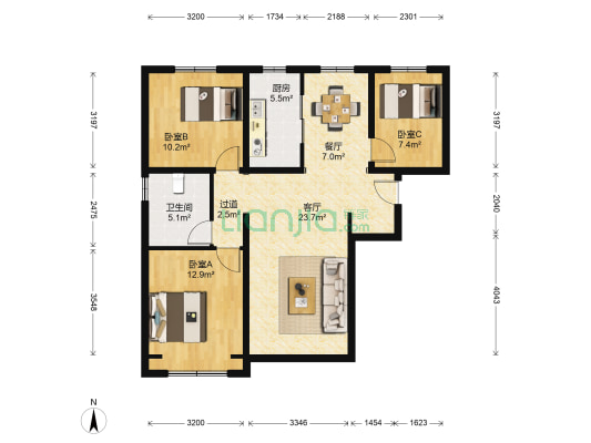 中海寰宇天下景山府 3室2厅1卫 108平方