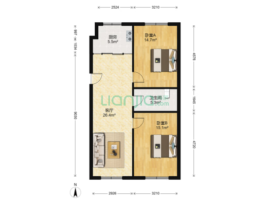 德威御园 2室1厅1卫 92平方