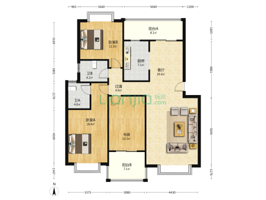 蓝郡 3室1厅2卫 136平方