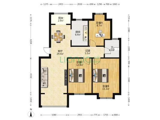 尹东八村三区 3室1厅1卫 122平方