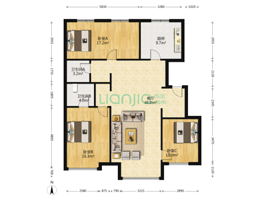 万科城市之光三号地 3室1厅2卫 139平方