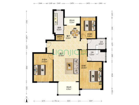 同心苑(鄞州大道) 3室2厅2卫 142平方