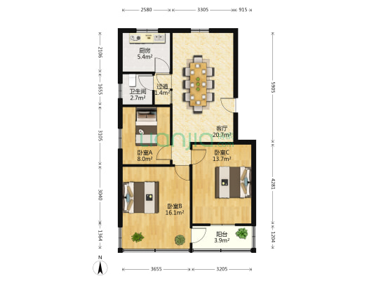 濠东路63号 3室1厅1卫 91平方