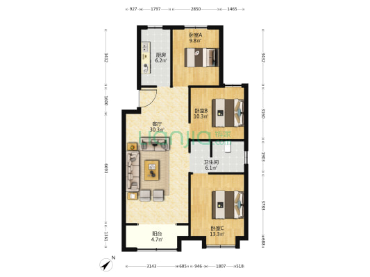 朝阳首府·澜园 3室1厅1卫 119平方