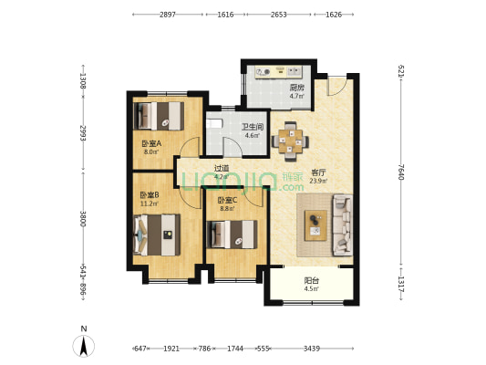 保利领秀山九区 3室1厅1卫 93平方