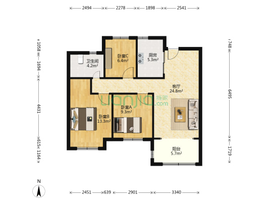 金科东方水榭 3室1厅1卫 87平方