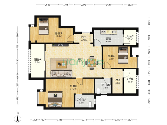 海成南滨上院A区 3室1厅2卫 117平方