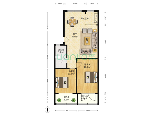 中南花园饭店家属区 2室1厅1卫 90平方