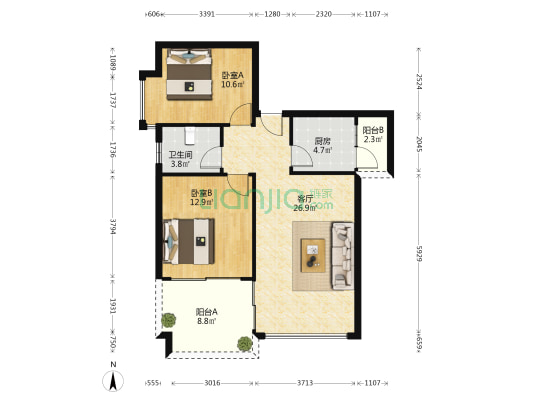蓝色之都 2室1厅1卫 85平方