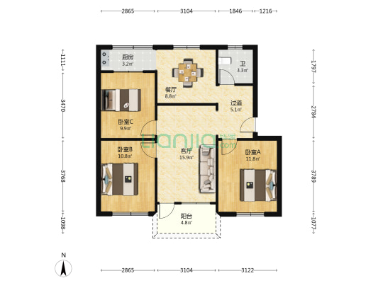 港霞西路 3室2厅1卫 86平方