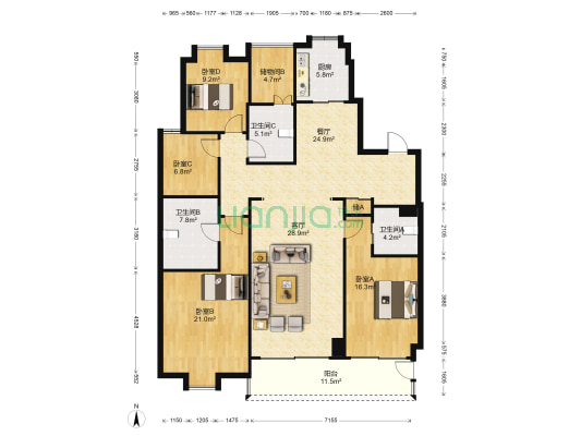 蠡湖香樟园二期 4室2厅3卫 196平方