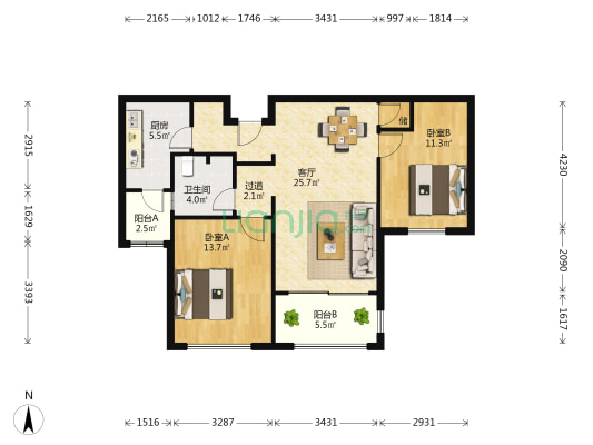 龙馨家园 精装两室 采光优秀 品质小区 生活方便-户型图
