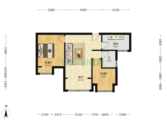 九盛花园 2室1厅1卫 80平方