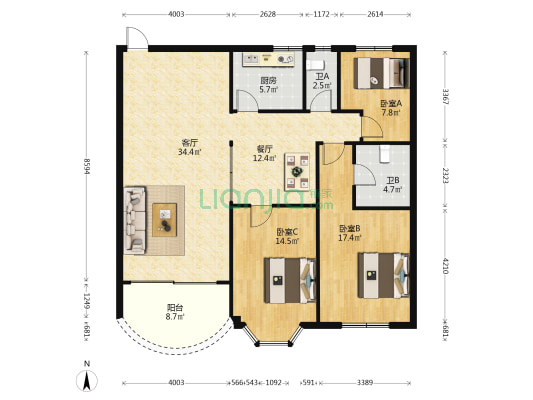 D5安全小区 3室2厅2卫 134平方