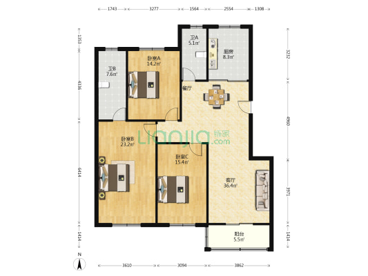 春源花园贵府 3室1厅2卫 141平方