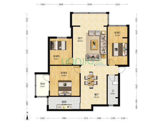 刘家营生活区 3室2厅1卫 109平方