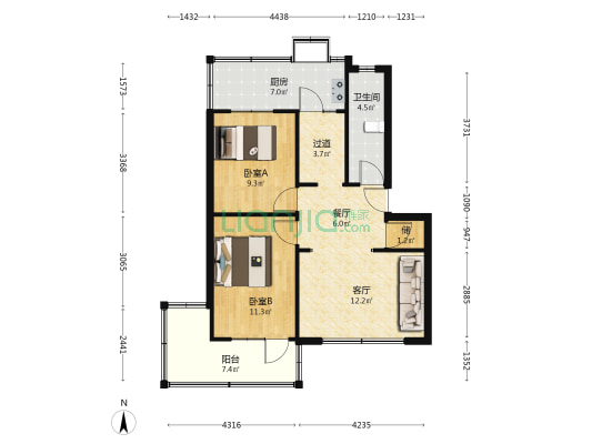 边防局宿舍 2室2厅1卫 72平方